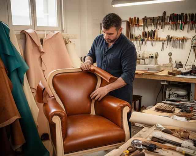 Fondatore di G&P Fabbrica Mobili al lavoro nel laboratorio di Pieve Emanuele, mentre rifinisce una poltrona in pelle