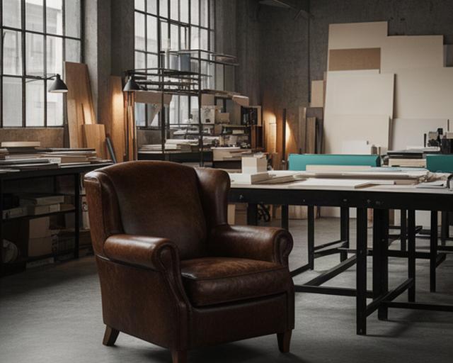 Studio grafico in loft con poltrona in pelle marrone, tavolo da lavoro e dettagli in metallo nero