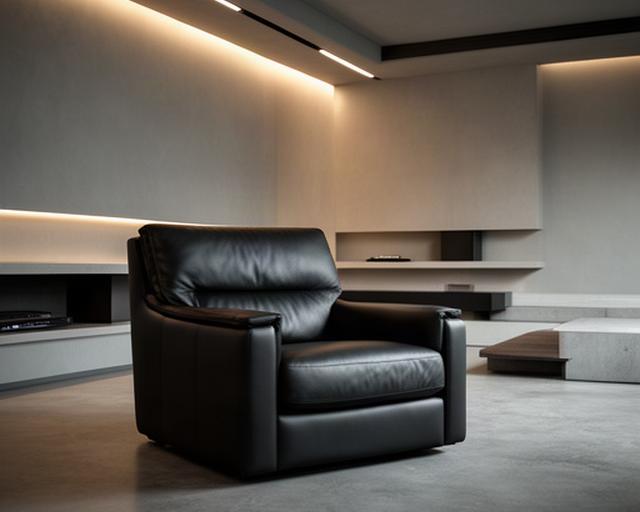 Zona relax di una smart home con poltrona in pelle liscia, luce indiretta e pavimento in cemento