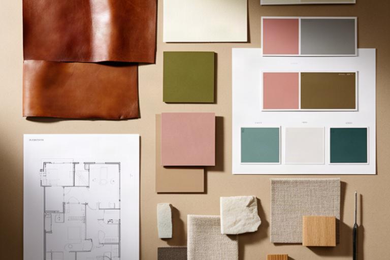 Moodboard di interior design con campioni di pelle, tavolozza colori e planimetria di una lounge alberghiera