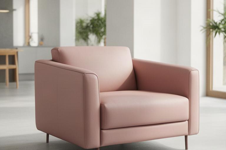 Poltrona contemporanea in pelle liscia color cipria in un open space minimale con luce naturale