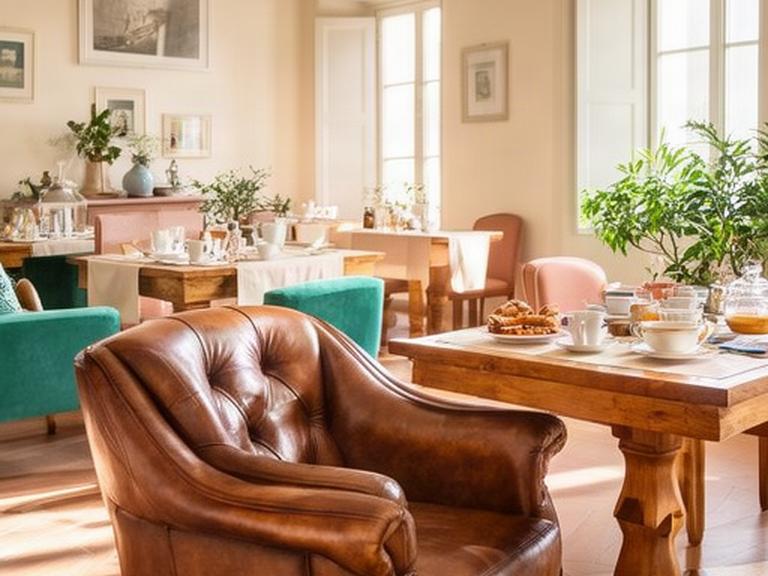 Sala colazione luminosa di un bed and breakfast con poltrone in pelle marrone accanto a tavoli in legno