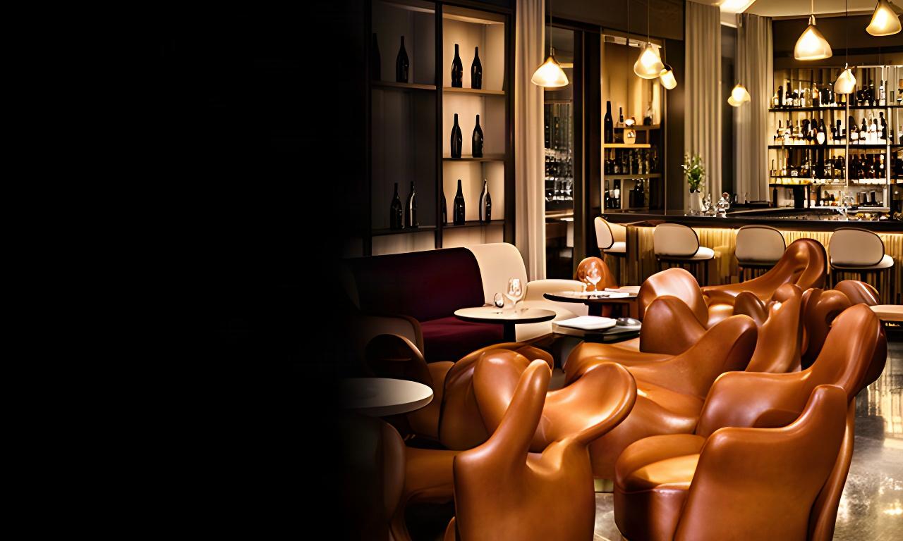 Wine bar milanese con poltrone in pelle color cognac, luci calde e tavolini per degustazione