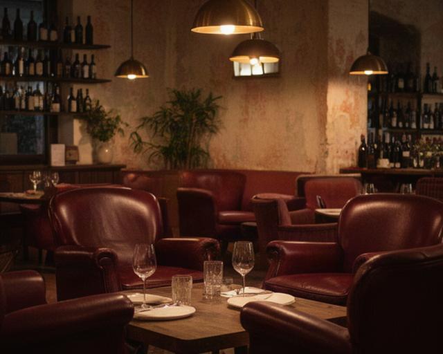 Enoteca sui Navigli con poltrone in pelle bordeaux e tavolini bassi per piccoli gruppi