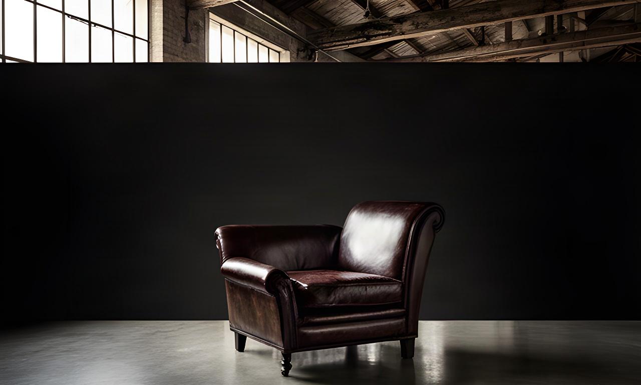 Loft industriale con travi a vista, pavimento in cemento e poltrona vintage in pelle vicino a una grande finestra