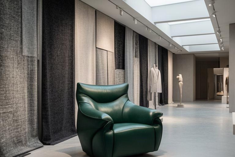 Showroom moda milanese con poltrone in pelle verde petrolio disposte vicino a una parete tessile