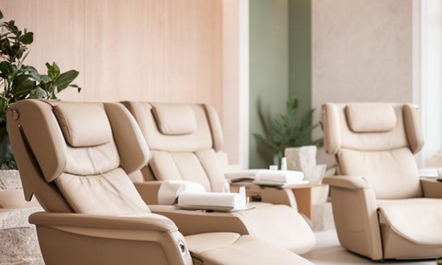 Zona relax di un centro benessere con poltrone ergonomiche in pelle beige dopo il trattamento